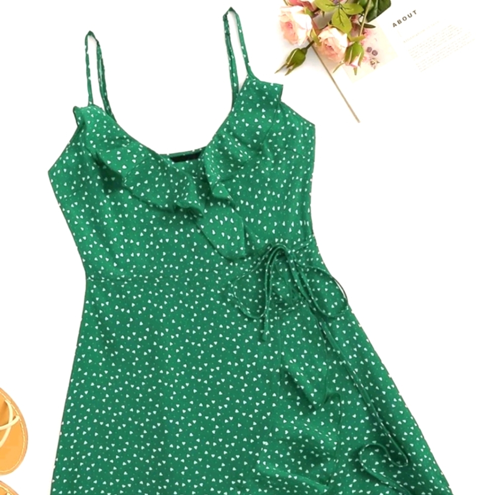 SHEIN green ruffle trim tie waist wrap dress with confetti heart print